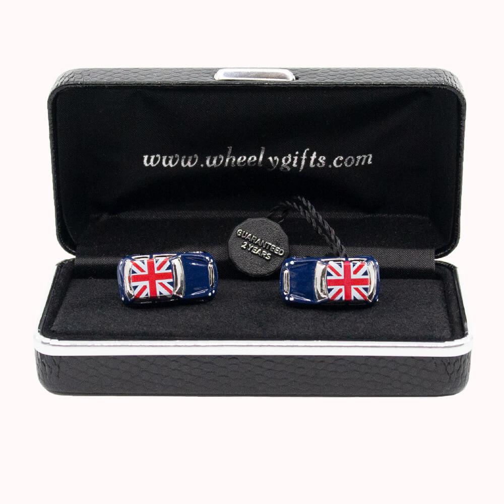 3D Mini Car Cufflinks in Blue With Classic Union Jack Roof for Gifts & Presents