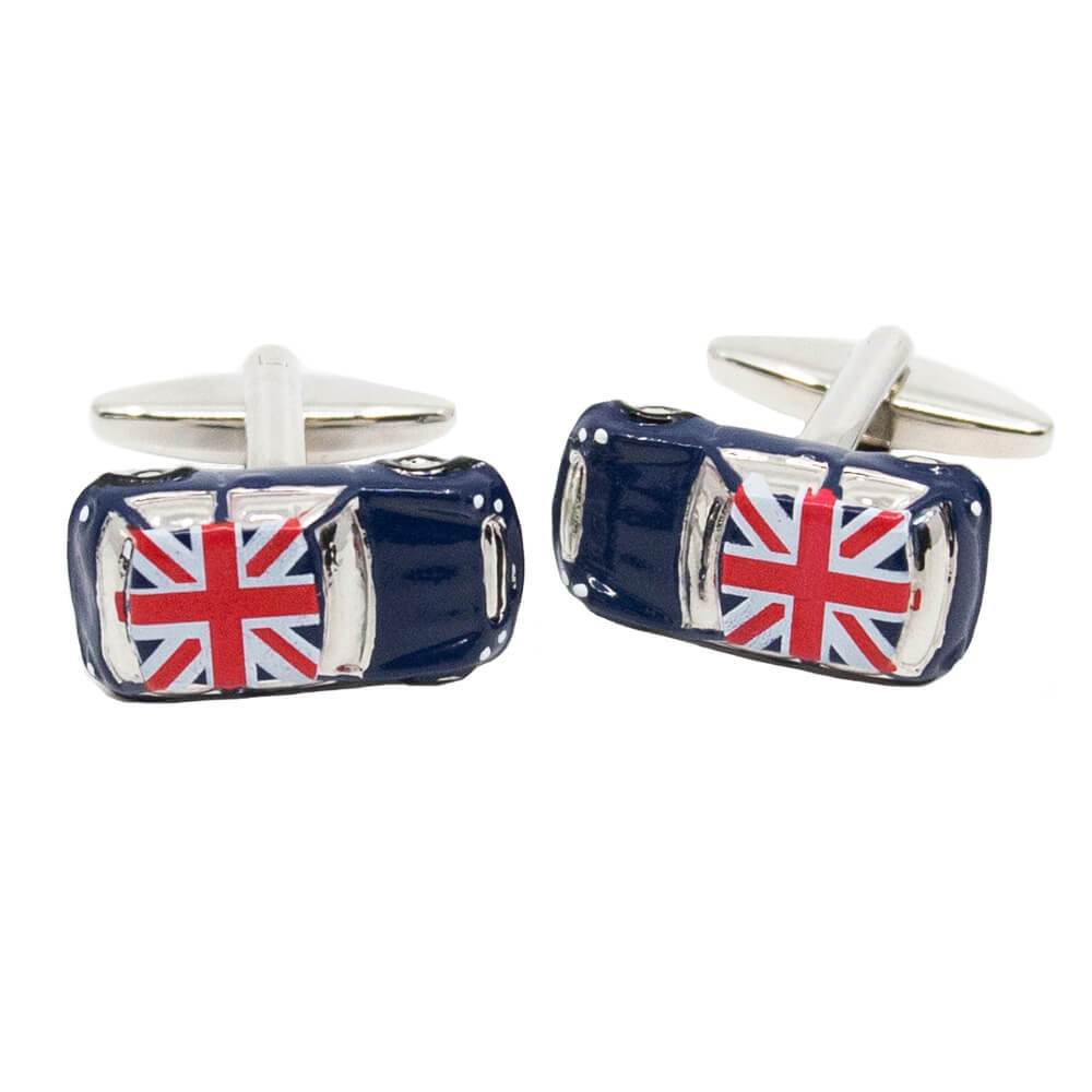 3D Mini Car Cufflinks in Blue With Classic Union Jack Roof for Gifts &amp; Presents
