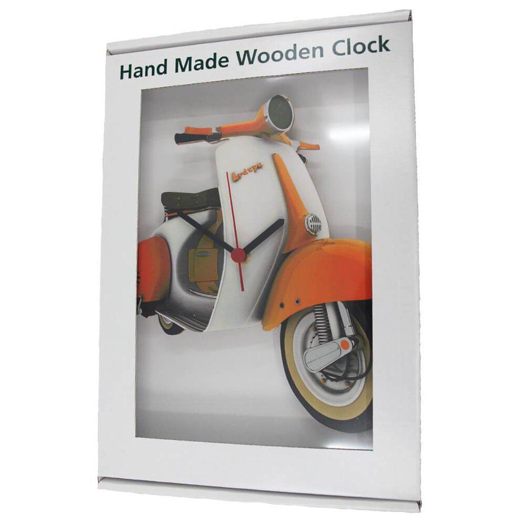Vespa Scooter Style Orange &amp; White Wooden Clock In Presentation Box