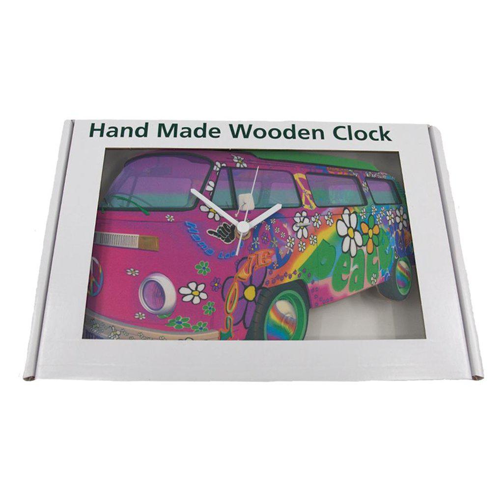 VW Camper Van Wooden Wall Clock Peace &amp; Love - Pink in Presentation Box