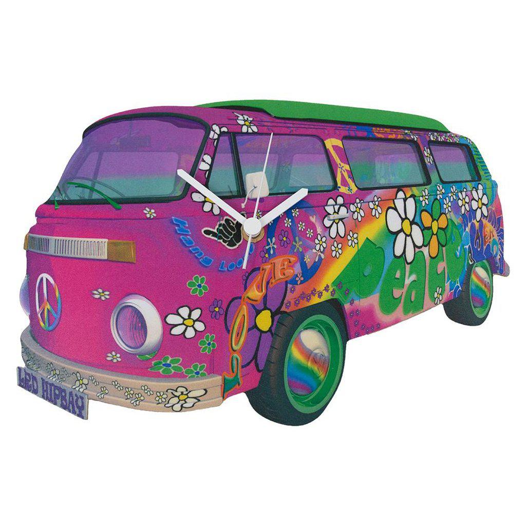 VW Camper Van Wooden Wall Clock Peace &amp; Love - Pink