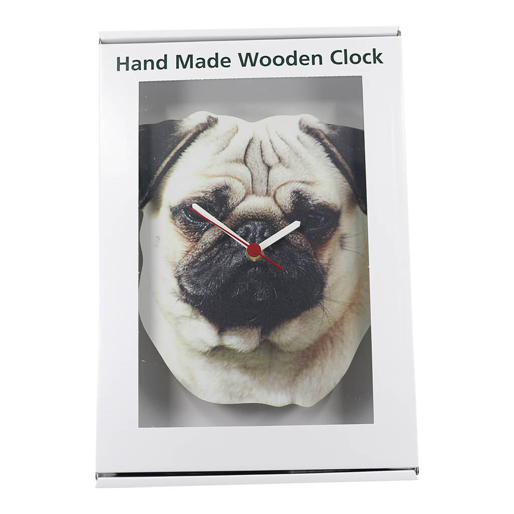 Pug Dog Handmade Wooden Wall Clock in gift box packaging