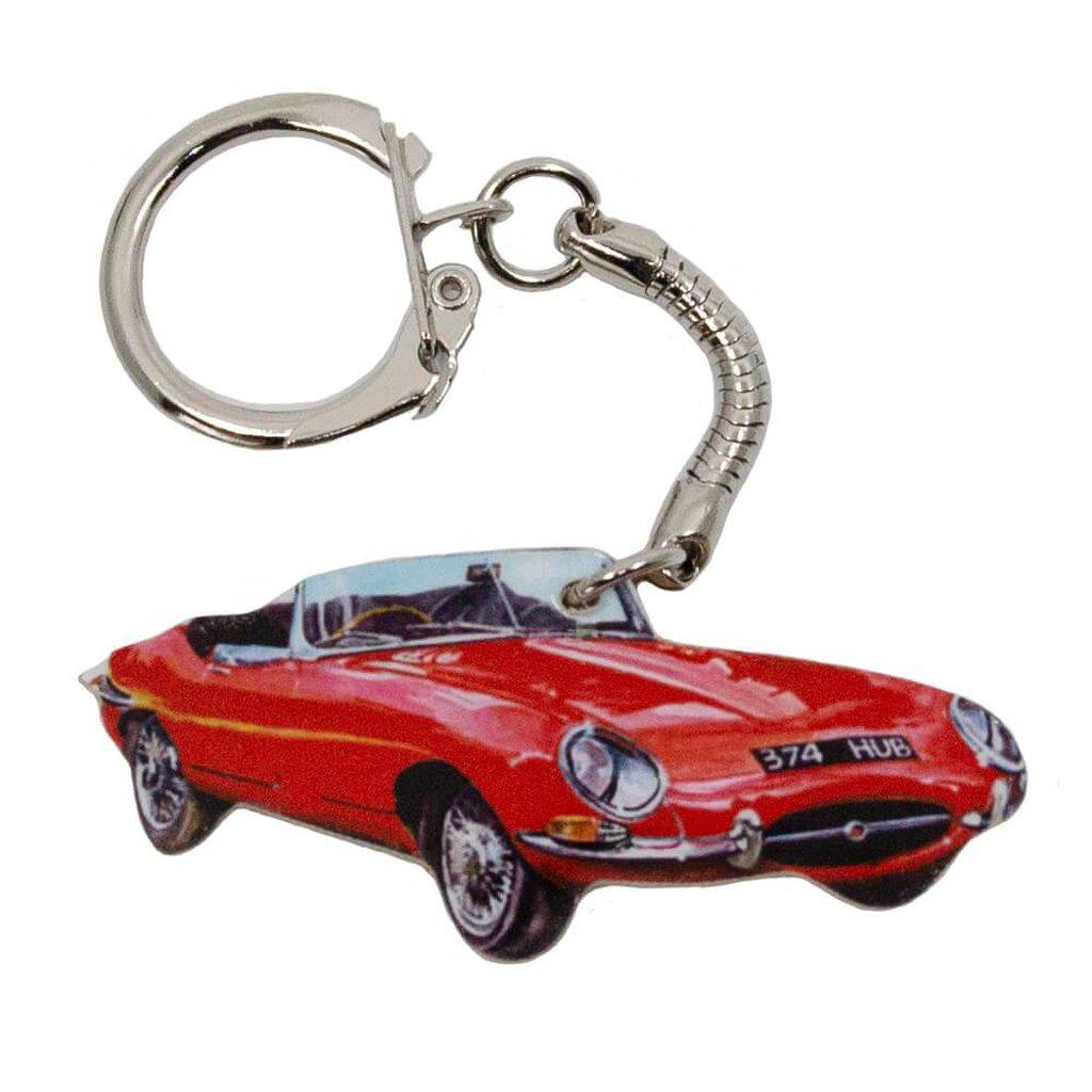 Red Jaguar E-Type Handmade Keyring with Chrome Loop Keychain