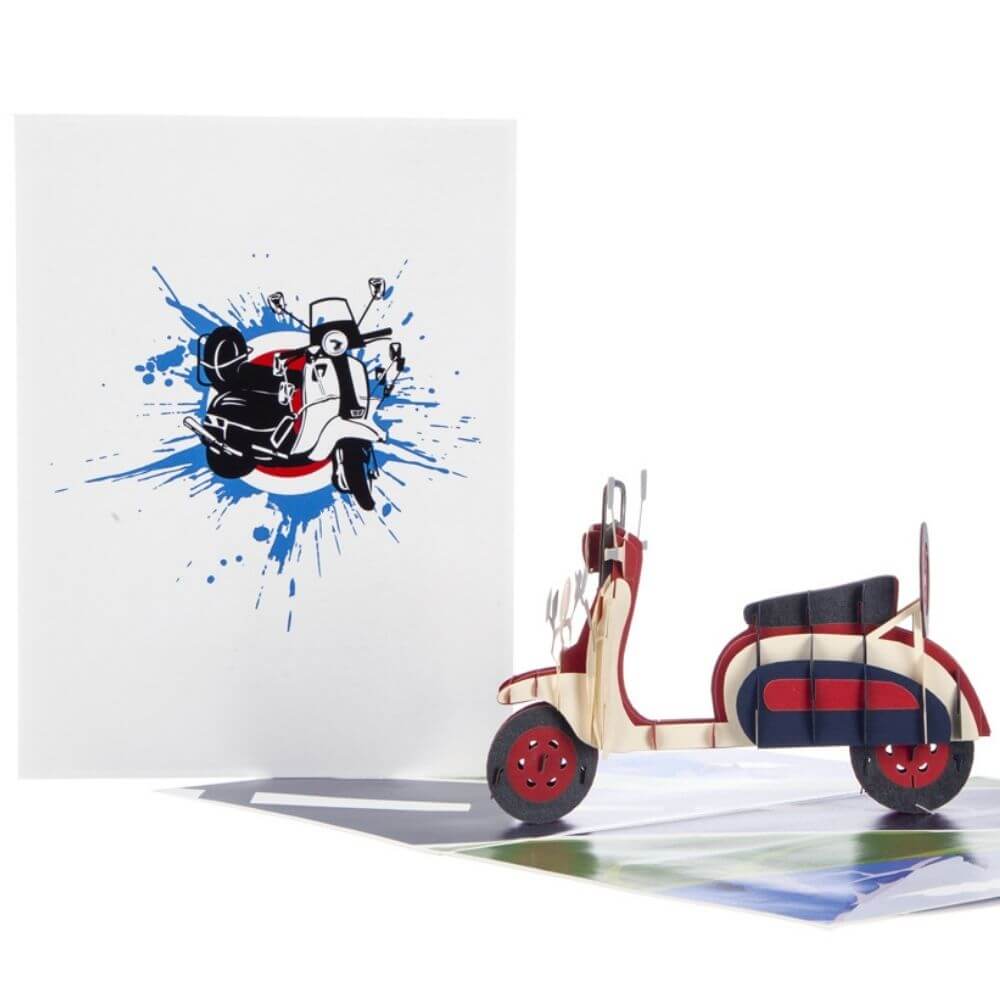 Scooter Retro 3D Pop Up Birthday Greetings Card showing cover and close up of inside ideal for vespa and lambretta lovers