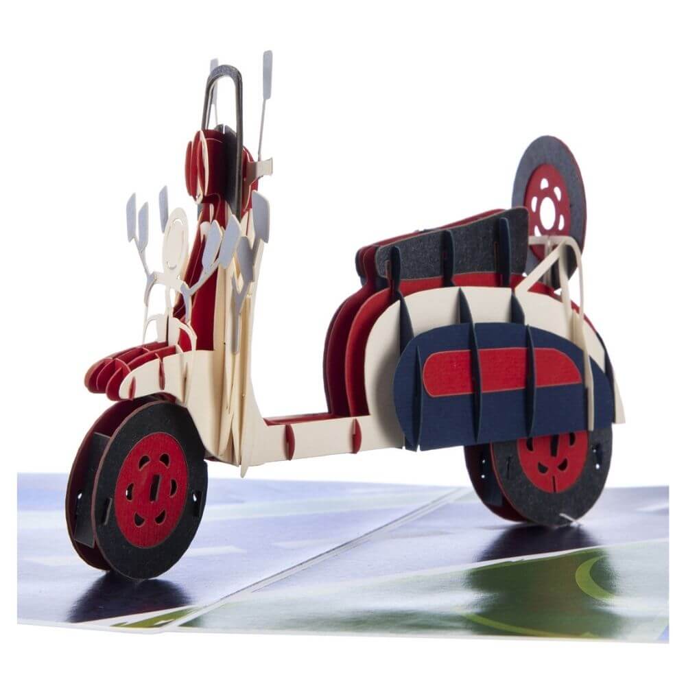 Scooter Retro 3D Pop Up Birthday Greetings Card showing cover and close up of inside ideal for vespa and lambretta lovers