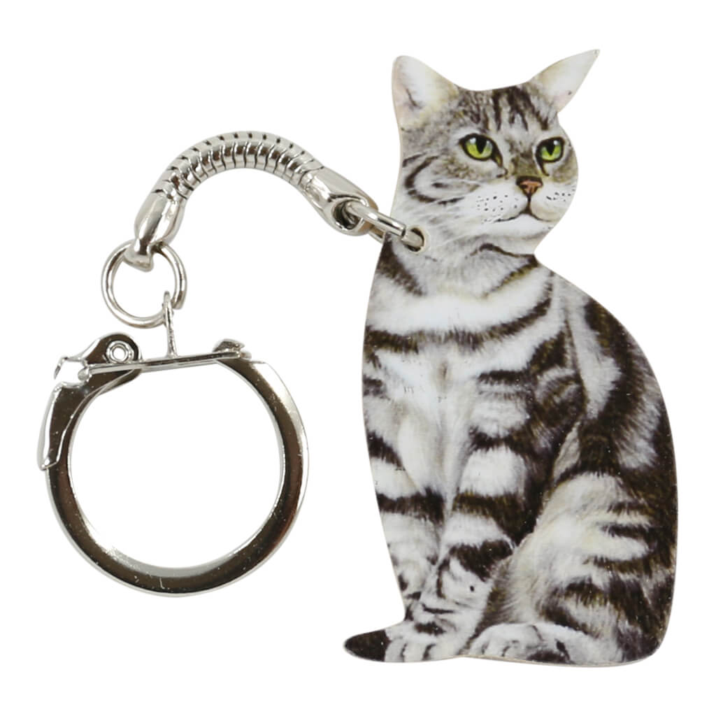 Silver Tabby Cat Handmade Wooden Keyring