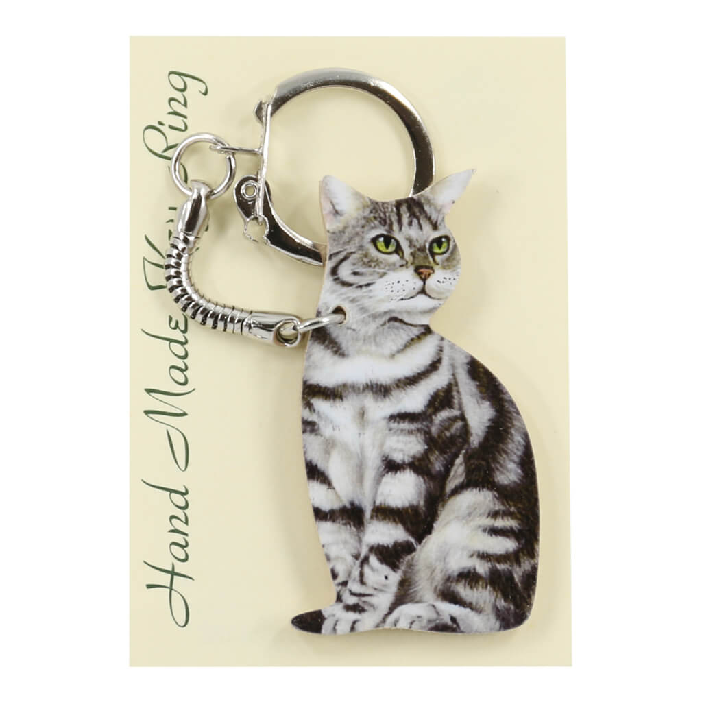 Silver Tabby Cat Handmade Wooden Keyring