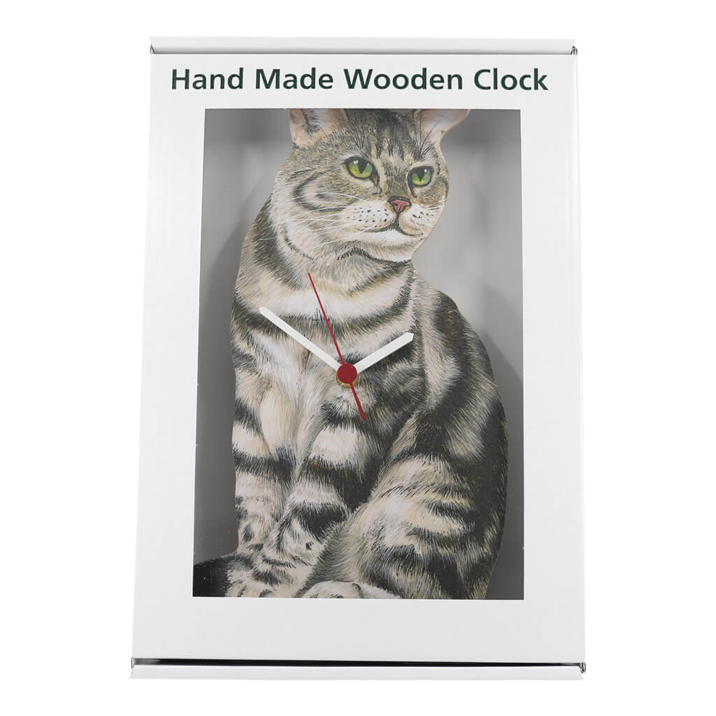 Cat Clock Silver Tabby Handmade Wooden Wall Clocks in Clear Fronted Gift Presentation Box