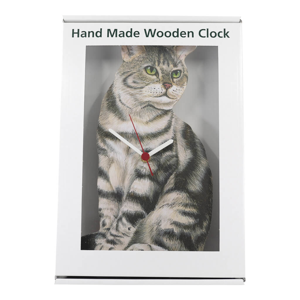 Cat Clock Silver Tabby Handmade Wooden Wall Clocks