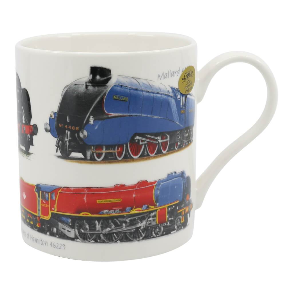 steam train ceramic mug showing the mallard and duchess of hamilton trains