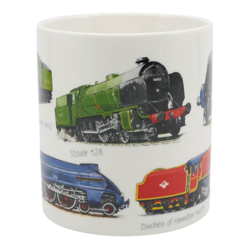 steam train ceramic mug showing the mallard and duchess of hamilton trains