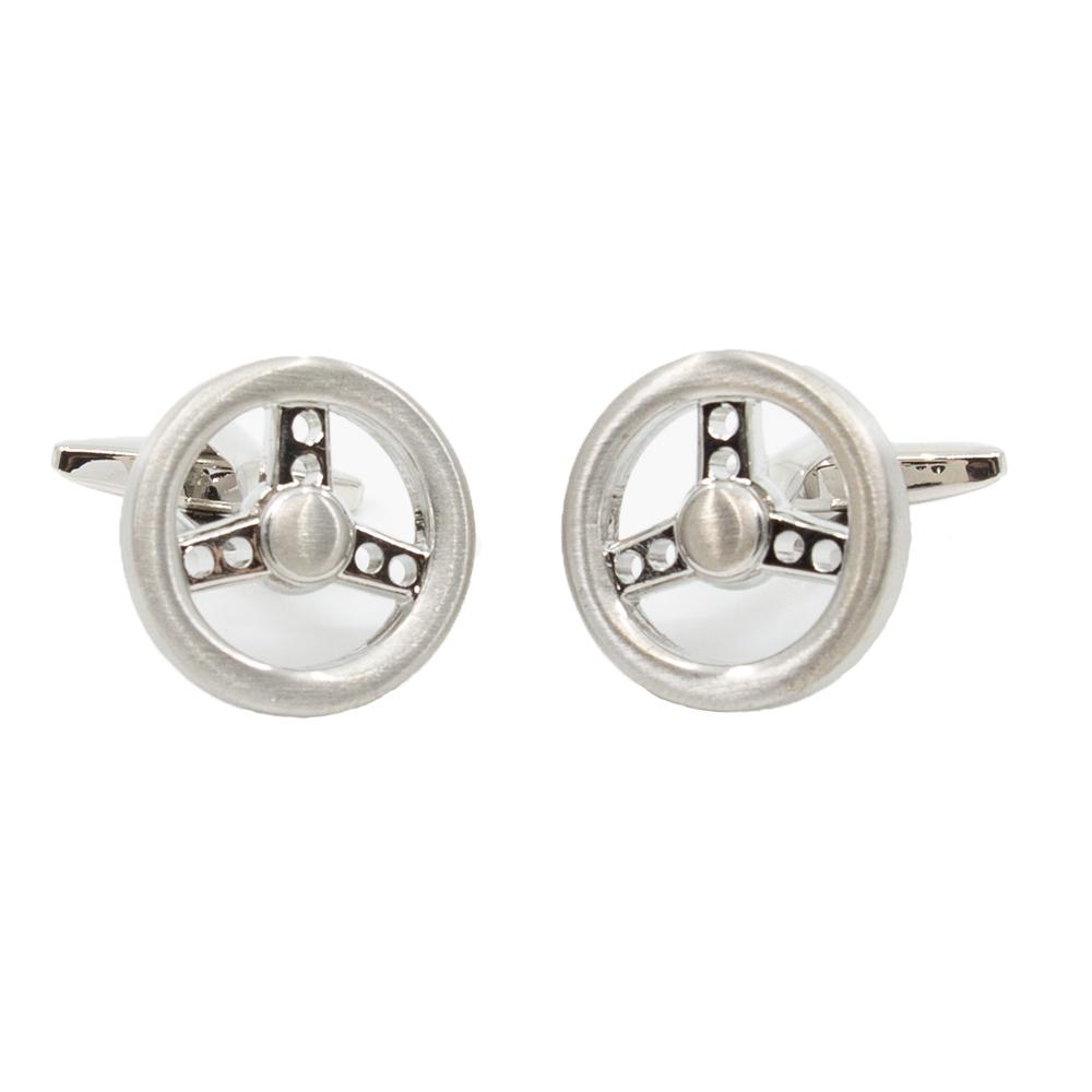 Car Steering Wheel Cufflinks 3 Bar Silver