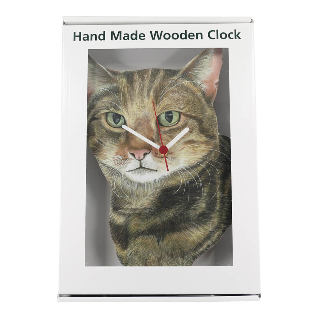 Tabby Cat Handmade Wooden Wall Clock in gift present box