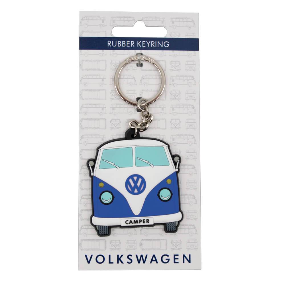 Packaged Volkswagen Camper Van Splitscreen Rubber Keyring Front View Blue