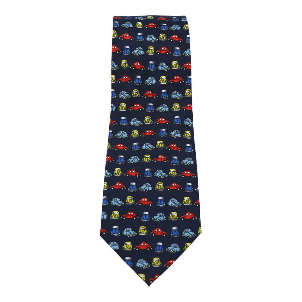 Straight on view of Classic Beetle Style Car Neck Tie with blue red and yellow vw beetles at differetn agles