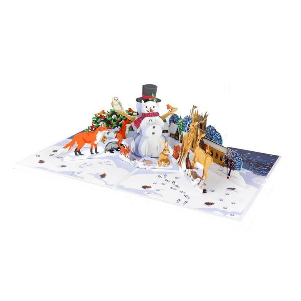 Snowman In Winter Woodland Pop Up Christmas Card fully open