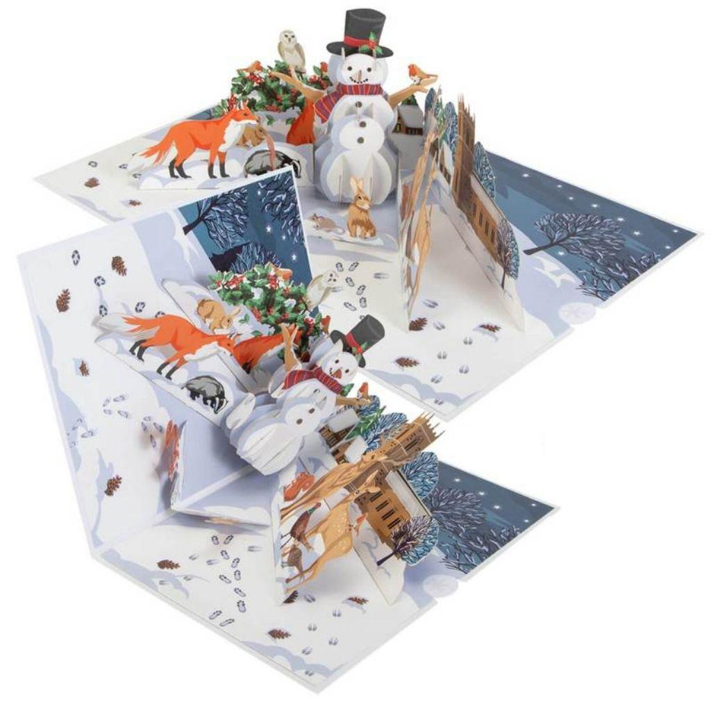 Snowman In Winter Woodland Pop Up Christmas Card opening